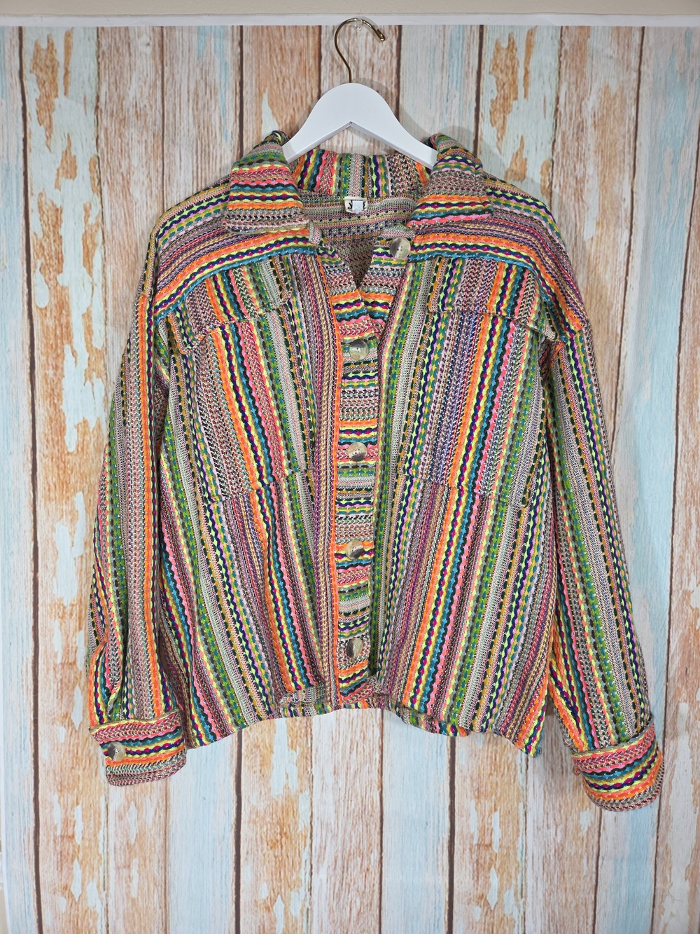 Ivy Jane Size L Heavy Colorful Woven Cardigan Button Up Jacket Style 130179 Boho